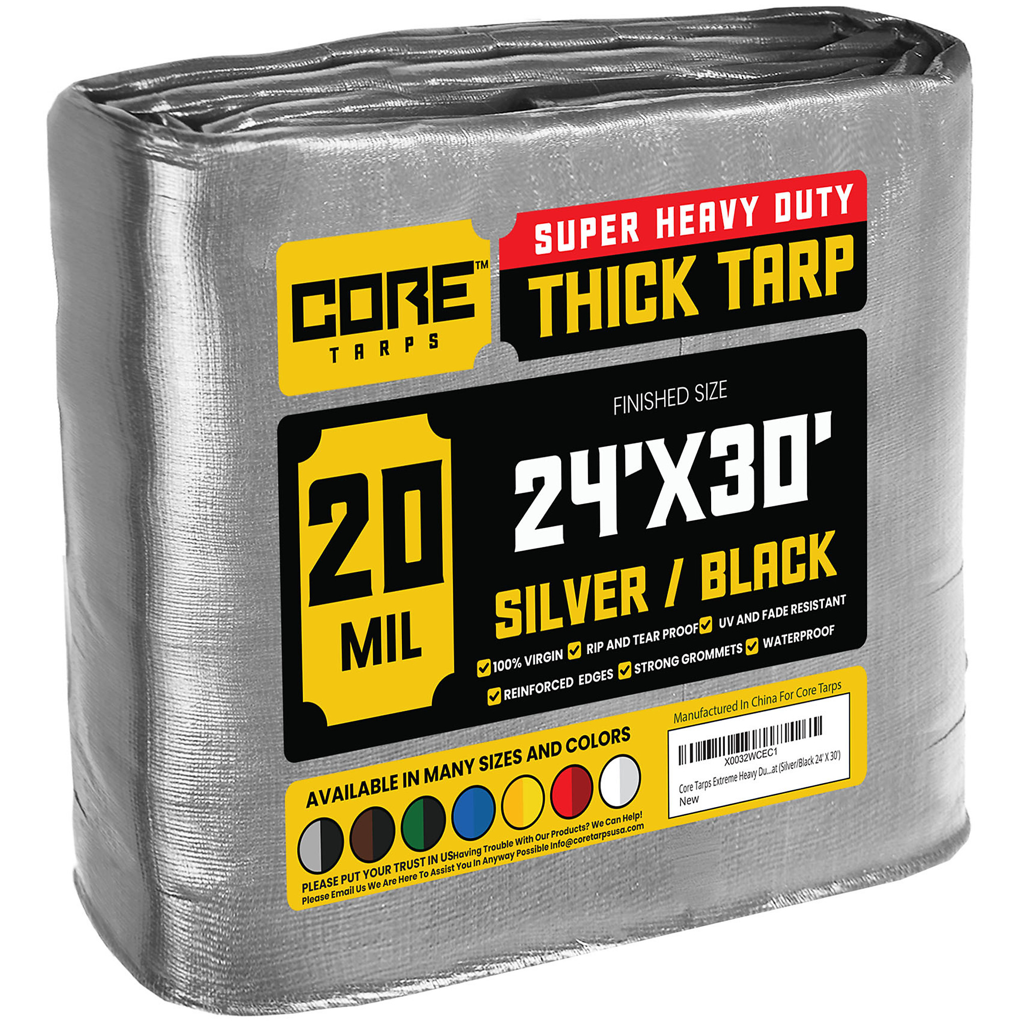 Core Tarps Extreme Heavy-Duty Tarp Cover — 20 Mil, Waterproof, UV-Resistant, Rip and Tear Proof, Reinforced Edges, Silver/Black, 24ft. x 30ft., Model# CT-701-24X30